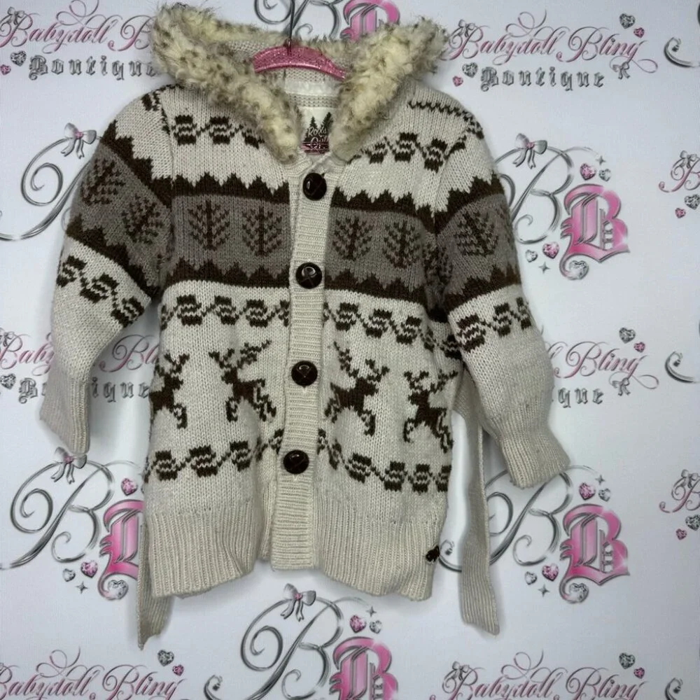 Roots outdoors sweater button up knitted fur trim hood kids unisex brown crochet